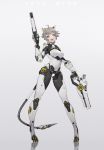  1girl absurdres ahoge android animal_ears body_markings breasts dual_wielding eyelashes fangs full_body grey_background gun highres holding icy02 looking_at_viewer mecha_musume mechanical_arm mechanical_legs mechanical_parts mechanical_tail medium_breasts open_mouth original reflection robot_joints science_fiction short_hair silver_hair simple_background smile solo standing tail weapon yellow_eyes 