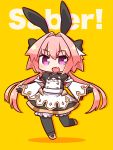  1boy :d animal_ears astolfo_(fate) astolfo_(saber)_(fate) bangs black_bow black_gloves black_legwear black_neckwear black_ribbon black_shirt black_skirt blush bow bowtie buttons chibi commentary_request drop_shadow english_text eyebrows_visible_through_hair fake_animal_ears fang fate/grand_order fate_(series) full_body gloves hair_between_eyes hair_bow hair_intakes highres layered_skirt long_hair long_sleeves looking_at_viewer low_twintails male_focus multicolored_hair naga_u open_mouth otoko_no_ko pink_hair puffy_long_sleeves puffy_sleeves rabbit_ears ribbon shadow shirt sidelocks skin_fang skirt smile solo standing standing_on_one_leg streaked_hair twintails violet_eyes white_hair wide_sleeves yellow_background 