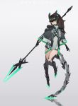  1girl absurdres android black_capelet brown_hair capelet closed_mouth dress floating full_body green_dress green_eyes grey_background headpiece highres icy02 long_hair mecha_musume mechanical_arm mechanical_boots mechanical_tail original polearm ponytail reflection science_fiction short_dress simple_background solo spear tail thighs turtleneck weapon 