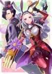  1boy 1girl animal_ears black_gloves black_hair bunny_tail closed_mouth easter_egg edelgard_von_hresvelg egg fake_animal_ears fake_tail fire_emblem fire_emblem:_three_houses fire_emblem_heroes flower from_side gloves hair_over_one_eye hair_ribbon hat holding hubert_von_vestra kaboplus_ko long_hair long_sleeves looking_to_the_side rabbit_ears red_legwear ribbon short_hair smile tail violet_eyes white_hair 