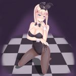  1girl absurdres animal_ears black_background black_legwear black_leotard black_neckwear blonde_hair blue_eyes bow bowtie breasts bunny_girl bunny_tail bunnysuit checkered checkered_floor commentary_request darkness_(konosuba) detached_collar fishnet_legwear fishnets full_body gradient gradient_background hair_ornament highres kneeling kono_subarashii_sekai_ni_shukufuku_wo! large_breasts leotard long_hair looking_at_viewer pantyhose ponytail rabbit_ears sainohikari solo spotlight strapless strapless_leotard tail wrist_cuffs x_hair_ornament 