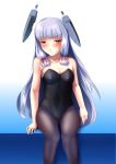  1girl absurdres animal_ears black_legwear blush bunnysuit frey headgear highres kantai_collection long_hair murakumo_(kantai_collection) orange_eyes pantyhose rabbit_ears silver_hair solo very_long_hair 