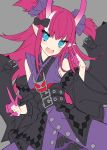  1girl :d absurdres alternate_horns belt black_belt black_bow blue_eyes blush bow detached_sleeves elizabeth_bathory_(fate) elizabeth_bathory_(fate)_(all) eyebrows_visible_through_hair fang fate/grand_order fate_(series) grey_background hair_bow hair_ornament hair_scrunchie hand_up head_tilt highres horns japanese_clothes kimono long_sleeves looking_at_viewer multicolored_hair multiple_belts open_mouth pink_hair pointy_ears purple_kimono purple_scrunchie scrunchie simple_background smile solo streaked_hair two_side_up upper_body v westxost_(68monkey) wide_sleeves 