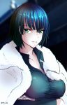  1girl absurdres breasts fubuki_(one-punch_man) fur_coat green_eyes green_hair highres large_breasts long_sleeves one-punch_man short_hair solo 