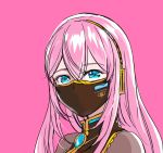 1girl amulet black_shirt blue_eyes commentary english_commentary gold_trim headphones highres long_hair looking_at_another mask mayo_riyo megurine_luka mouth_mask pink_background pink_hair portrait shirt solo vocaloid 