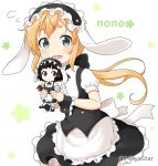  1girl animal_ears apron bangs black_hairband black_skirt blonde_hair blush character_name commentary_request company_connection cosplay doll eyebrows_visible_through_hair fake_animal_ears fleur_de_lapin_uniform flying_sweatdrops frilled_apron frilled_hairband frilled_skirt frills gochuumon_wa_usagi_desu_ka? green_eyes hairband holding holding_doll holding_tray long_hair low_ponytail manga_time_kirara miicha mole mole_under_eye natsume_nono open_mouth ponytail puffy_short_sleeves puffy_sleeves rabbit_ears shirt short_eyebrows short_sleeves simple_background skirt solo thick_eyebrows tray twitter_username urara_meirochou very_long_hair waist_apron wavy_mouth white_apron white_background white_shirt wrist_cuffs 