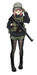  1girl adjusting_clothes adjusting_hat bandaid bandaid_on_nose baseball_cap black_legwear boots camouflage commentary english_commentary escape_from_tarkov full_body gloves gun hat headset highres holding holding_gun holding_weapon jacket jizi load_bearing_vest orange_eyes orange_hair original pantyhose plate_carrier rifle short_shorts shorts sniper_rifle solo suppressor trigger_discipline vss_vintorez weapon white_background 