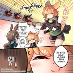  2girls amiya_(arknights) animal_ears arknights blonde_hair blue_eyes bow_(weapon) brown_hair closed_eyes commentary crossbow english_text gloves kroos_(arknights) multiple_girls phandit_thirathon rabbit_ears slug smile speech_bubble squinting weapon 