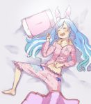  1girl alternate_costume alternate_hairstyle animal_ear_fluff animal_ears barefoot blanket blue_hair breasts closed_eyes collarbone drooling eyebrows_visible_through_hair hair_down hololive long_hair lying midriff moritatsu multicolored_hair navel on_back open_mouth pajamas pillow pink_pajamas rabbit_ears saliva scratching_stomach sleeping small_breasts solo streaked_hair thick_eyebrows two-tone_hair usada_pekora virtual_youtuber white_hair 