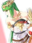  1girl bare_shoulders breasts dress green_eyes green_hair highres jewelry kid_icarus large_breasts long_hair looking_at_viewer necklace open_mouth palutena ring_(ring_fit_adventure) ring_fit_adventure simple_background smile solo super_smash_bros. tiara tomas_(kaosu22) very_long_hair 