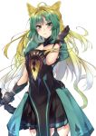  1girl ahoge animal_ears atalanta_(fate) blonde_hair bow_(weapon) dress fate/apocrypha fate_(series) garter_straps gloves gradient_hair green_eyes green_hair highres kagari_leroy long_hair multicolored_hair tail weapon white_background 