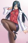  1girl black_hair black_legwear commentary_request earrings finalcake glasses green_eyes high_heels highres jewelry labcoat leg_up minazuki_kyouko necklace pantyhose pencil_skirt purple_skirt red_sweater ribbed_sweater rival_schools skirt solo sweater turtleneck 