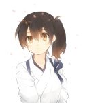  1girl brown_eyes brown_hair commentary_request expressionless ina_(1813576) japanese_clothes kaga_(kantai_collection) kantai_collection long_hair looking_at_viewer side_ponytail simple_background solo tasuki upper_body white_background 