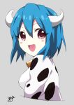  1girl absurdres animal_print bell bell_choker blue_hair blush breasts choker cow_print eyebrows_visible_through_hair fang grey_background hair_between_eyes highres horns jashin-chan_dropkick large_breasts looking_at_viewer minos_(jashin-chan_dropkick) open_mouth red_eyes short_hair simple_background smile solo upper_body yyuki317 