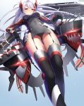  1girl antenna_hair artist_name ass_visible_through_thighs azur_lane bangs black_choker black_gloves black_legwear blush breasts choker closed_mouth commentary_request covered_navel cowboy_shot cross cross_earrings dobunezumi earrings eyebrows_visible_through_hair flag_print from_below gloves gradient gradient_background highres iron_cross jewelry long_hair long_sleeves looking_at_viewer looking_down machinery multicolored_hair pelvic_curtain prinz_eugen_(azur_lane) sideboob silver_hair smile solo standing streaked_hair swept_bangs thigh-highs thigh_gap thigh_strap thighs turret two_side_up 