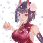  1girl alternate_breast_size breasts cherry_blossoms china_dress chinese_clothes dress elbow_gloves eyeshadow fate/grand_order fate_(series) flower food fruit gloves hair_flower hair_ornament horns large_breasts makeup natsu_jirushi oni peach pointy_ears purple_hair shuten_douji_(fate/grand_order) single_glove solo thick_eyebrows violet_eyes 
