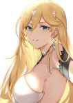  1girl absurdres blonde_hair blue_eyes breasts durandal_(honkai_impact) earrings hair_between_eyes hair_ornament halterneck highres honkai_(series) honkai_impact_3rd jewelry large_breasts long_hair looking_at_viewer sideboob smile solo very_long_hair zhourues 