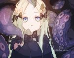  1girl abigail_williams_(fate/grand_order) bangs black_bow black_dress blonde_hair blue_eyes bow brown_bow dress eyebrows_visible_through_hair fate/grand_order fate_(series) forehead hair_bow hands_up highres long_sleeves looking_at_viewer parted_bangs parted_lips signature sleeves_past_fingers sleeves_past_wrists sofra solo suction_cups tentacles twitter_username upper_body 