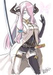  1girl asymmetrical_gloves black_gloves blue_eyes breasts bug butcha-u butterfly coattails demon_horns draph gloves granblue_fantasy hair_over_one_eye highres holding holding_sword holding_weapon horns insect katana large_breasts long_hair narmaya_(granblue_fantasy) no_bra pink_hair pointy_ears scabbard sheath sideboob single_thighhigh sleeveless smile solo standing sword thigh-highs thigh_strap weapon 