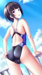  1girl ass bangs black_swimsuit blue_sky blunt_bangs bob_cut breasts clouds cloudy_sky commentary_request competition_swimsuit dated day eyebrows_visible_through_hair from_behind highleg highres idolmaster idolmaster_cinderella_girls idolmaster_cinderella_girls_starlight_stage looking_at_viewer one-piece_swimsuit open_mouth outdoors shirayuki_chiyo sky small_breasts solo standing swimsuit thighs tsuchimiya violet_eyes 