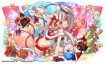  1girl :p animal_ears bell bottle candy candy_cane christmas colorful crash_fever ear_ribbon food fox fox_ears fox_tail gift gloves kitsune multicolored multicolored_background ribbon santa_bikini santa_gloves senko_(crash_fever) silver_hair swimsuit tail tongue tongue_out twintails yellow_eyes 
