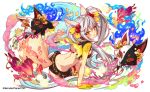  1girl :p animal_ears bell colorful crash_fever ear_ribbon fox fox_ears fox_tail kitsune multicolored multicolored_background senko_(crash_fever) silver_hair swimsuit tail tongue tongue_out twintails yellow_eyes 