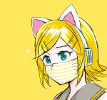  1girl ? animal_ears aqua_eyes bangs blonde_hair bow cat_ear_headphones cat_ears commentary english_commentary grey_collar hair_bow hair_ornament hairclip headphones highres kagamine_rin mask mayo_riyo mixed-language_commentary mouth_mask portrait sailor_collar short_hair solo striped swept_bangs vocaloid yellow_background 