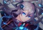  1girl absurdres azur_lane bangs blue_cape blue_eyes cape closed_mouth commentary_request crossed_bangs eyebrows_visible_through_hair floating_hair glowing grey_background grey_hair hair_between_eyes hair_ornament head_tilt highres intrepid_(azur_lane) kurono_hyouka long_hair looking_at_viewer portrait sidelocks signature simple_background solo strap twintails twitter_username 