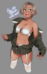  1girl 2020 agawa_ryou bare_shoulders blue_eyes bra brown_hair collarbone commentary dated garter_straps grey_background jacket looking_at_viewer midriff navel original round_teeth short_hair simple_background smile solo teeth underwear white_bra white_legwear 