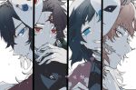  1girl 3boys alissax19 black_hair blue_eyes brown_hair commentary_request facial_scar floral_print forehead_scar fox_mask grey_eyes hanafuda hand_up japanese_clothes kamado_tanjirou kimetsu_no_yaiba kimono long_hair looking_at_viewer makomo_(kimetsu) mask mask_on_head multiple_boys orange_hair pink_kimono rain red_eyes sabito_(kimetsu) scar short_hair tomioka_giyuu wet white_background 