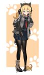  1girl ahoge animal_ears black_legwear blonde_hair blue_eyes cat cat_ears escape_from_tarkov fake_animal_ears foregrip full_body gloves headset highres jacket jizi kitten loafers original pantyhose paw_print_background school_uniform serafuku shoes simple_background weapon_request 