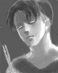  1boy alternate_costume black_eyes black_hair greyscale highres holding holding_scissors levi_(shingeki_no_kyojin) male_focus monochrome scissors shingeki_no_kyojin shirt short_hair solo undercut vvv020vvv 