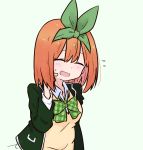  1girl :d bangs blush bow breasts closed_eyes collared_shirt eyebrows_behind_hair flying_sweatdrops go-toubun_no_hanayome green_background green_bow green_jacket green_ribbon hair_between_eyes hair_ribbon hand_up jacket kujou_karasuma long_sleeves medium_breasts nakano_yotsuba open_clothes open_jacket open_mouth orange_hair ribbon scratching_cheek shirt signature simple_background smile solo sweat sweater_vest upper_body white_shirt 