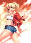  1girl ass bandeau bangs bare_shoulders belt blonde_hair braid breasts clarent cutoffs denim denim_shorts fate/apocrypha fate_(series) french_braid green_eyes hair_ornament hair_scrunchie highres jacket long_hair long_sleeves looking_at_viewer mordred_(fate) mordred_(fate)_(all) off_shoulder open_clothes open_jacket open_mouth parted_bangs ponytail red_jacket red_scrunchie scrunchie shorts sidelocks small_breasts smile solo sword thighs weapon zen 