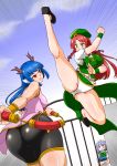  3girls anger_vein aqua_eyes arknights ass bare_shoulders bars beret bike_shorts blue_eyes blue_hair braid breasts ch&#039;en_(arknights) chinese_clothes dragon_horns dress fighting gate hat highres hong_meiling horns izayoi_sakuya kicking large_breasts long_hair maid_headdress multiple_girls panties red_eyes redhead scarlet_devil_mansion shiraue_yuu short_hair side_braid silver_hair sleeveless star touhou twin_braids underwear 