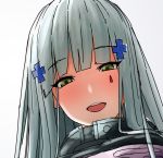  1girl bangs blunt_bangs blush breasts eyebrows_visible_through_hair girls_frontline green_eyes hair_ornament hairclip hk416_(girls_frontline) krs_(karasu) light_blue_hair long_hair looking_at_viewer looking_down open_mouth smile solo 