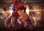  1girl absurdres bow brown_hair doki_doki_literature_club eyebrows_visible_through_hair green_eyes hair_bow head_rest highres indoors long_hair long_sleeves looking_at_viewer monika_(doki_doki_literature_club) neck_ribbon nisego own_hands_together parted_lips ponytail ribbon smile solo white_bow white_ribbon window 