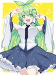  1girl :d antenna_hair arms_up bangs bare_shoulders black_neckwear blue_skirt border breasts cowboy_shot detached_sleeves double_v eyebrows_visible_through_hair frog_hair_ornament green_eyes green_hair hair_between_eyes hair_ornament hair_tubes kochiya_sanae large_breasts long_hair long_sleeves looking_at_viewer necktie open_mouth outside_border paburisiyasu petticoat shirt simple_background single_sidelock skirt smile snake_hair_ornament solo standing touhou v very_long_hair white_border white_shirt wide_sleeves yellow_background 