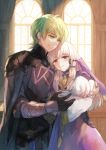  1boy 1girl armor atsumu_ra baby black_gloves byleth_(fire_emblem) byleth_eisner_(male) closed_mouth dress fire_emblem fire_emblem:_three_houses gloves green_eyes green_hair hair_ornament holding husband_and_wife long_hair long_sleeves lysithea_von_ordelia parted_lips pink_eyes short_hair smile tearing_up white_hair window 