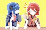 2girls :t ^_^ arknights bangs blue_eyes blue_hair blue_nails blush closed_eyes cup drinking_straw exusiai_(arknights) eyebrows_visible_through_hair facing_viewer food grey_shirt halftone hamburger hand_up hands_up holding holding_cup holding_food horns liu_(-liu) long_hair looking_at_another mostima_(arknights) multiple_girls nail_polish neckerchief outline red_neckwear redhead shirt sidelocks smile upper_body white_outline yellow_background 