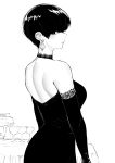  1girl backless_dress backless_outfit bare_shoulders breasts choker cocktail_dress dress earrings elbow_gloves eyeliner from_behind gloves greyscale high_contrast highres jewelry lace lace-trimmed_gloves lace_choker large_breasts looking_back makeup monochrome norman_maggot olive_laurentia original pixie_cut restaurant solo strapless strapless_dress white_background 