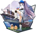  1girl arm_warmers azur_lane baseball baseball_cap baseball_mitt belt bird black_legwear blue_eyes chick diffraction_spikes doitsu_no_kagaku grey_hair hair_between_eyes hair_through_headwear hat highres intrepid_(azur_lane) intrepid_(one_intrepid_pitch)_(azur_lane) kneehighs leg_up long_hair looking_at_viewer manjuu_(azur_lane) mole mole_on_thigh official_art ponytail scoreboard shirt shoes short_shorts short_sleeves shorts sidelocks sneakers solo standing standing_on_one_leg thighs transparent_background very_long_hair white_footwear white_shirt white_shorts 