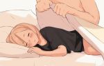  1boy 1girl age_difference bangs bed bed_sheet blonde_hair blush closed_eyes highres i0525 loli lying on_side original pillow shirt short_hair sleeping solo_focus t-shirt 