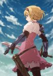  1girl armor blonde_hair blue_sky closed_mouth cowboy_shot djeeta_(granblue_fantasy) dress from_behind gauntlets granblue_fantasy hairband highres holding holding_sword holding_weapon horyuu outdoors pink_dress pink_hairband puffy_sleeves short_hair sky solo standing sword thigh-highs unsheathed weapon 