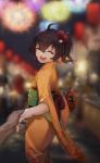  1girl absurdres ahoge blurry blurry_background brown_hair cat_hair_ornament closed_eyes eyebrows_visible_through_hair fan festival fireworks floral_print flower furisode hair_between_eyes hair_flower hair_ornament highres holding_hands hololive icy02 japanese_clothes kimono lantern looking_at_viewer medium_hair natsuiro_matsuri night night_sky obi open_mouth orange_kimono outdoors paper_fan pov sash side_ponytail sky smile solo uchiwa virtual_youtuber wide_sleeves 