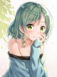  1girl aqua_hair bang_dream! bangs bare_shoulders blue_shirt blush bow collarbone commentary_request eyebrows_visible_through_hair gradient gradient_background green_eyes hair_between_eyes hair_bow hand_on_own_cheek hikawa_hina leaf leaf_background long_sleeves looking_at_viewer medium_hair off-shoulder_shirt off_shoulder shirt side_braids sidelocks simple_background sleeves_past_wrists smile solo tomo_wakui upper_body white_background 