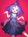  1girl :3 acerola_(pokemon) armlet blush collarbone dress elite_four flipped_hair hair_ornament highres ie_(_raarami_) looking_at_viewer open_mouth pokemon pokemon_(game) pokemon_masters pokemon_sm purple_hair red_background short_hair short_sleeves simple_background smile solo stitches topknot trial_captain violet_eyes 