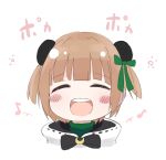  1girl :d ^_^ black_bow blush_stickers bow brown_hair bun_cover closed_eyes commentary_request copyright_request crescent cropped_shoulders double_bun eighth_note facing_viewer green_bow green_shirt hair_bow jacket musical_note okota_mikan open_mouth portrait round_teeth shirt simple_background smile solo teeth translation_request turtleneck two_side_up upper_teeth white_background white_jacket 