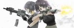  2girls assault_rifle commentary_request firing gloves gun headset highres m4_carbine multiple_girls original partial_commentary red_eyes reloading rifle twintails violet_eyes weapon white_background ylmi 