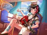 1girl bang_dream! black_hair blush chair day dress guitar hat holding_instrument looking_at_viewer mitake_ran mountain official_art open_mouth red_eyes short_hair sitting smile solo sparkle teapot top_hat white_gloves